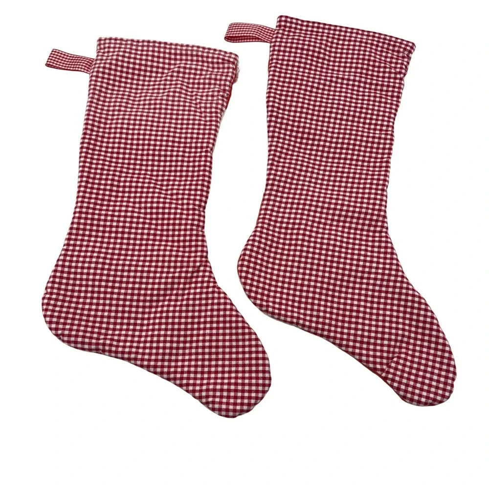 Patchwork Christmas Stockings Red White Yellow Quilted Gingham Holiday Decor Set